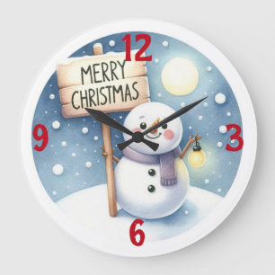 Merry Christmas Snowman Large Clock