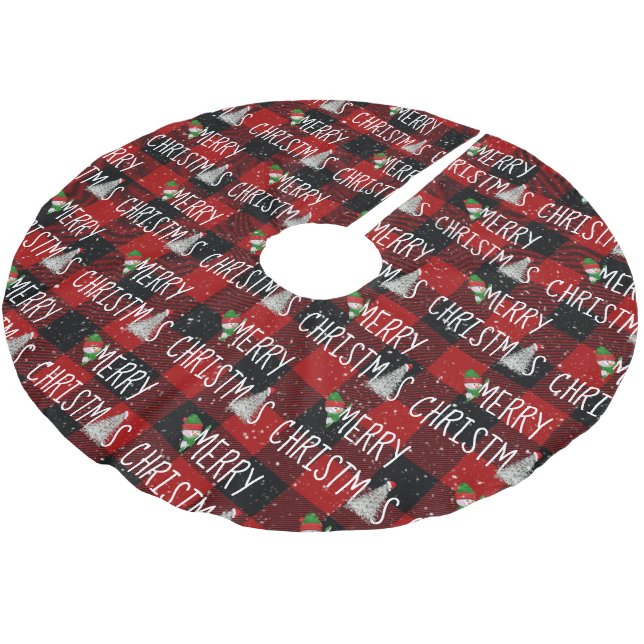 Merry Christmas Snowman On Buffalo Plaid Brushed Polyester Tree Skirt (Angled)