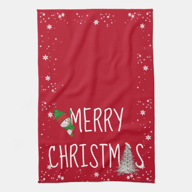 Merry Christmas Snowman On Red Kitchen Towel (Vertical)