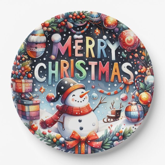 Merry Christmas Snowman  Paper Plate (Front)