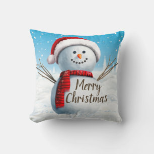 Merry Christmas Snowman Red Scarf Throw Pillow