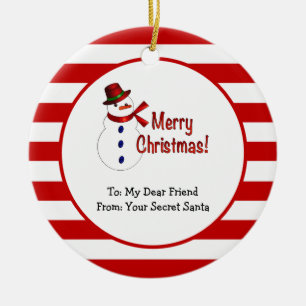 Merry Christmas Snowman Red Stripes Secret Santa Ceramic Ornament