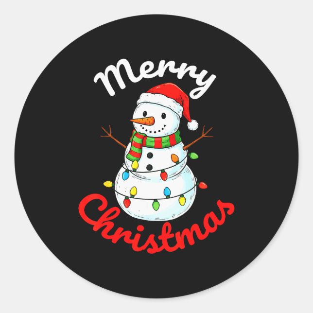 Merry Christmas Snowman Santa Hat Holiday Kids Men Classic Round Sticker (Front)