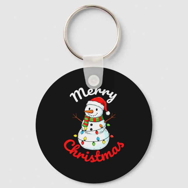 Merry Christmas Snowman Santa Hat Holiday Kids Men Keychain (Front)