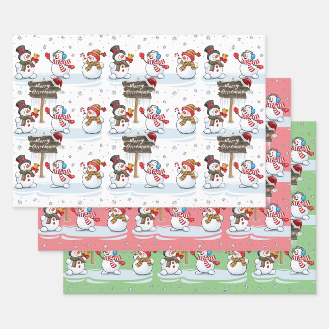 Merry Christmas Snowman Santa Hat Pattern Wrapping Paper Sheet (Set)
