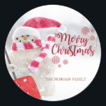 Merry Christmas, Snowman, Santa Hat - Personalized Classic Round Sticker<br><div class="desc">Merry Christmas ,  snowman with santa hat on bokeh background with your name.</div>