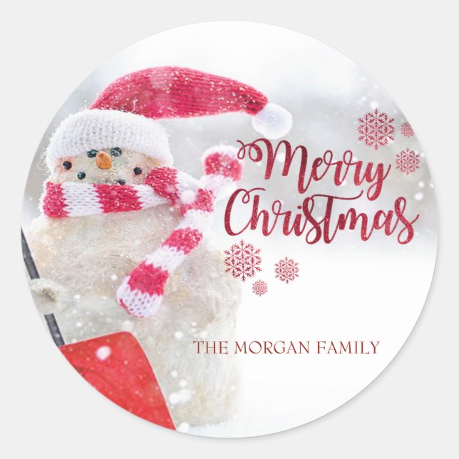 Merry Christmas, Snowman, Santa Hat - Personalized Classic Round Sticker (Front)