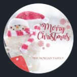 Merry Christmas, Snowman, Santa Hat - Personalized Classic Round Sticker<br><div class="desc">Merry Christmas ,  snowman with santa hat on bokeh background with your name.</div>