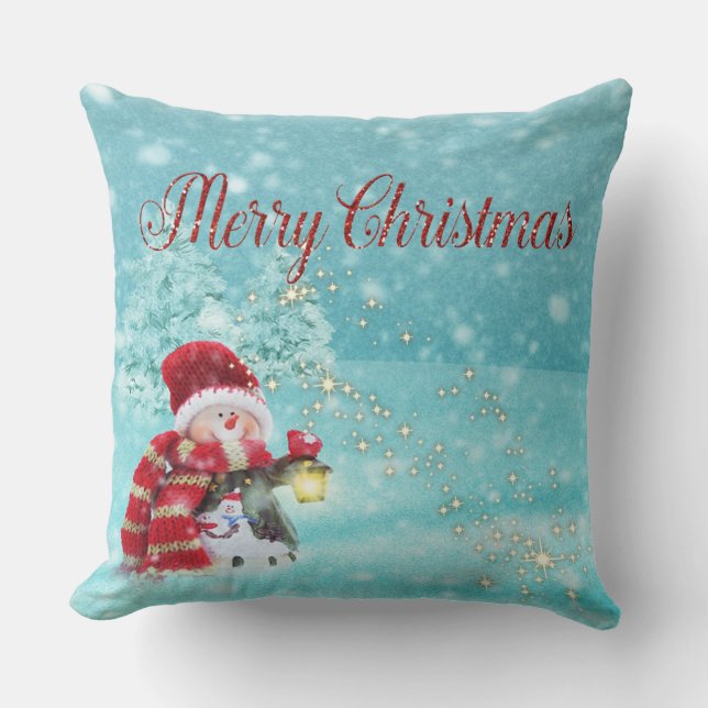 Merry Christmas, Snowman, Santa Hat Throw Pillow (Front)