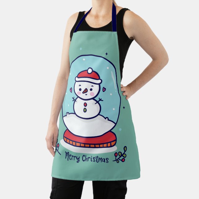 Merry Christmas Snowman Snow Globe Apron (Insitu)