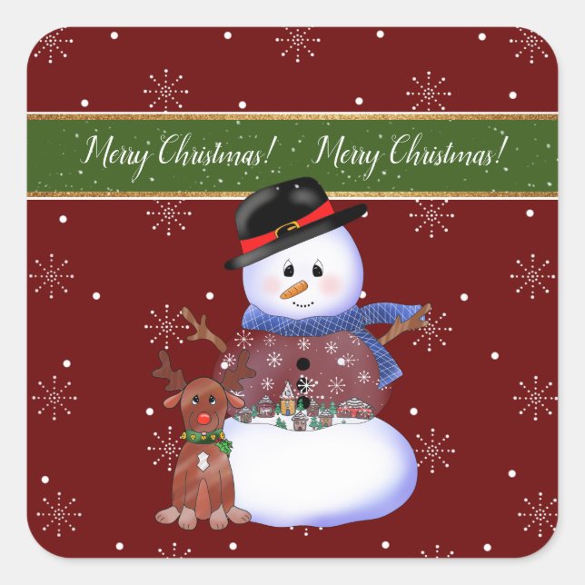 Merry Christmas! Snowman Snow Globe | Square Sticker (Front)