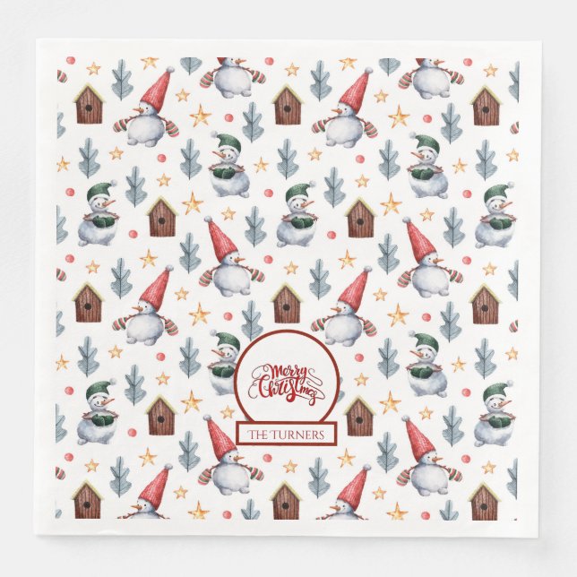 Merry Christmas Snowman Snowflakes Monogram Napkin (Front)