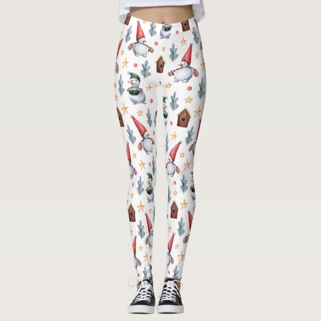 Merry Christmas Snowman Snowflakes Pattern Leggings (Front)