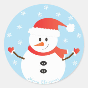 Merry Christmas Snowman Snowflakes Red Classic Round Sticker