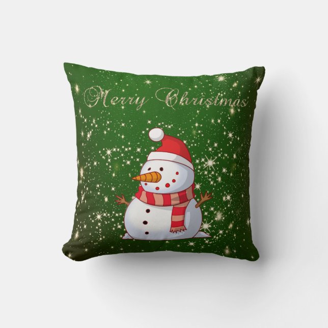 Merry Christmas,Snowman,Sparkles,Green Throw Pillow (Front)