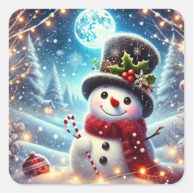 Merry Christmas Snowman Square Sticker (Front)