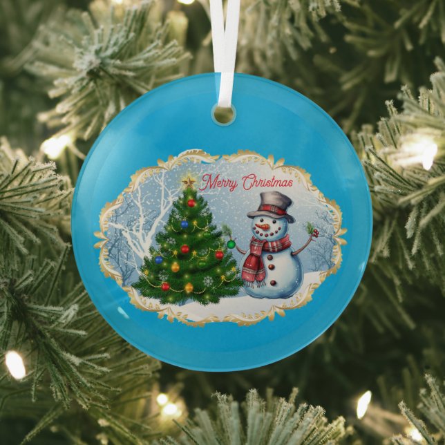Merry Christmas Snowman Tree Cute Glass Ornament (Insitu)
