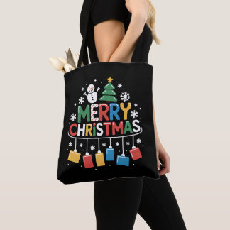 Merry Christmas Snowman Tree Snowflakes Xmas Tote Bag