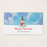 Merry Christmas Snowman Waving And Smiling<br><div class="desc">A holiday gift card with a cute snowman illustration. He is wearing a black stovepipe hat, holding a classic corn cob pipe, and wearing a red scarf. Standing in the cold white snow smiling and waving hello. The background is composed of a watercolor sky with blue and purple colours blending...</div>