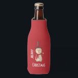 Merry Christmas Snowman Waving And Smiling Bottle Cooler<br><div class="desc">Bottle cozie cooler with a cute snowman illustration. He is wearing a black stovepipe hat, holding a classic corn cob pipe, and wearing a red scarf. Standing in the cold white snow smiling and waving hello. Set on a festive red background with Merry Christmas text in a cool art nouveau...</div>