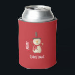 Merry Christmas Snowman Waving And Smiling Can Cooler<br><div class="desc">Can cozie cooler with a cute snowman illustration. He is wearing a black stovepipe hat, holding a classic corn cob pipe, and wearing a red scarf. Standing in the cold white snow smiling and waving hello. Set on a festive red background with Merry Christmas text in a cool art nouveau...</div>