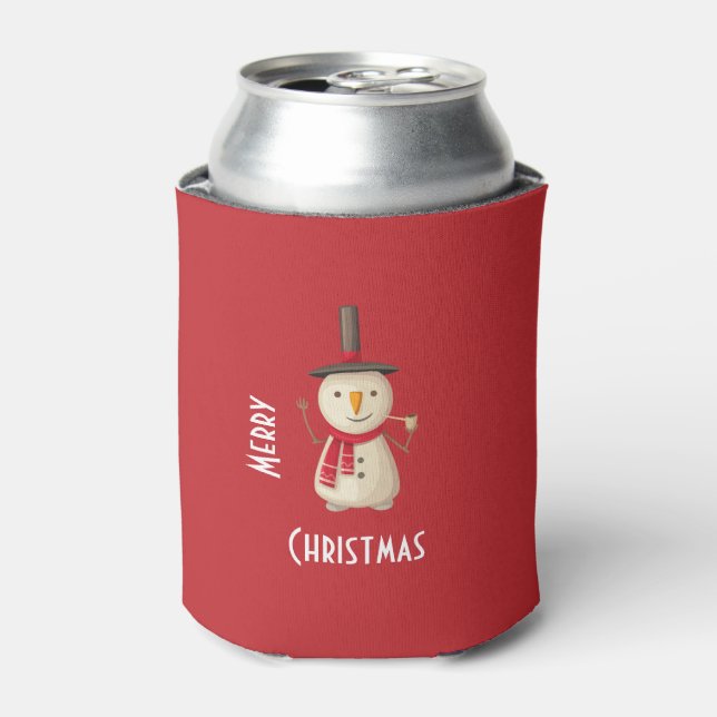 Merry Christmas Snowman Waving And Smiling Can Cooler (Can Front)