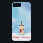 Merry Christmas Snowman Waving And Smiling iPhone 8/7 Case<br><div class="desc">Phone case with a cute snowman illustration. He is wearing a black stovepipe hat, holding a classic corn cob pipe, and wearing a red scarf. Standing in the cold white snow smiling and waving hello. The background is composed of a watercolor sky with blue and purple colours blending and mingling...</div>
