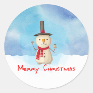 Merry Christmas Snowman Waving And Smiling Classic Round Sticker