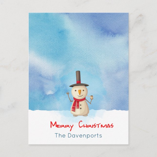 Merry Christmas Snowman Waving And Smiling Holiday Postcard (Front)