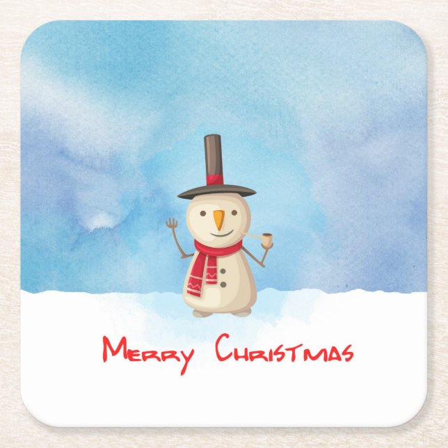 Merry Christmas Snowman Waving And Smiling Square Paper Coaster (Front)