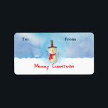 Merry Christmas Snowman Waving Gift Tag<br><div class="desc">Gift tag label with a cute snowman illustration. He is wearing a black stovepipe hat, holding a classic corn cob pipe, and wearing a red scarf. Standing in the cold white snow smiling and waving hello. The background is composed of a watercolor sky with blue and purple colours blending and...</div>