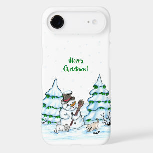 Merry Christmas! Snowman with Cat and Puppy