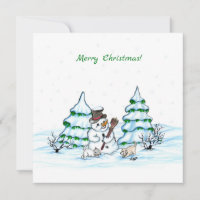 Merry Christmas! Snowman with Cat and Puppy