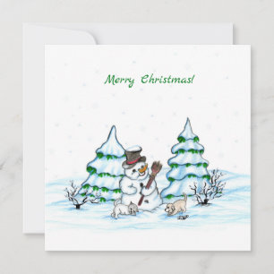 Merry Christmas! Snowman with Cat and Puppy