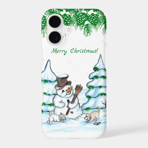Merry Christmas! Snowman with Cat and Puppy