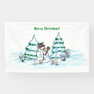 Merry Christmas! Snowman with Cat and Puppy Banner