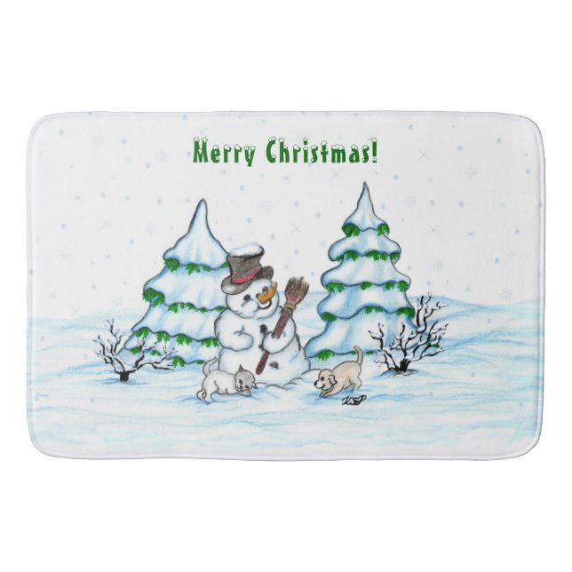 Merry Christmas! Snowman with Cat and Puppy Bath Mat (Front)