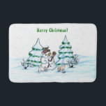 Merry Christmas! Snowman with Cat and Puppy Bath Mat<br><div class="desc">Merry Christmas! Snowman with Cat and Puppy - little Dog ~~~ coloured pencil drawing by Krisi ArtKSZP ~~~ Store Category >>> Merry Christmas for Kids >>> Snowman with Cat and Puppy</div>