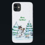Merry Christmas! Snowman with Cat and Puppy iPhone 11 Case<br><div class="desc">Merry Christmas! Snowman with Cat and Puppy - little Dog ~~~ coloured pencil drawing by Krisi ArtKSZP ~~~ Store Category >>> Merry Christmas for Kids >>> Snowman with Cat and Puppy</div>