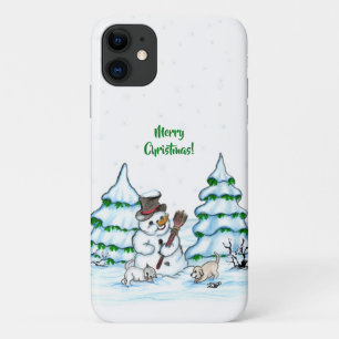 Merry Christmas! Snowman with Cat and Puppy iPhone 11 Case