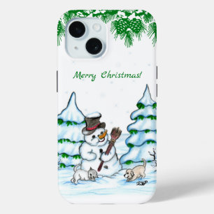 Merry Christmas! Snowman with Cat and Puppy iPhone 15 Case