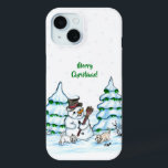 Merry Christmas! Snowman with Cat and Puppy iPhone 15 Case<br><div class="desc">Merry Christmas! Snowman with Cat and Puppy - little Dog ~~~ coloured pencil drawing by Krisi ArtKSZP ~~~ Store Category >>> Merry Christmas for Kids >>> Snowman with Cat and Puppy</div>