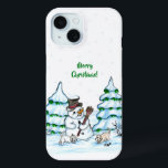 Merry Christmas! Snowman with Cat and Puppy iPhone 15 Case<br><div class="desc">Merry Christmas! Snowman with Cat and Puppy - little Dog ~~~ coloured pencil drawing by Krisi ArtKSZP ~~~ Store Category >>> Merry Christmas for Kids >>> Snowman with Cat and Puppy</div>