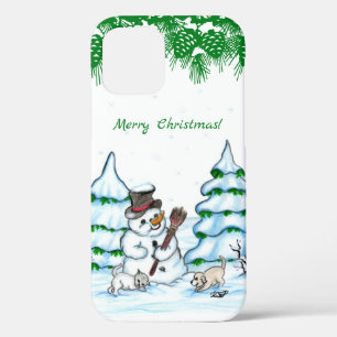 Merry Christmas! Snowman with Cat and Puppy iPhone 12 Pro Case