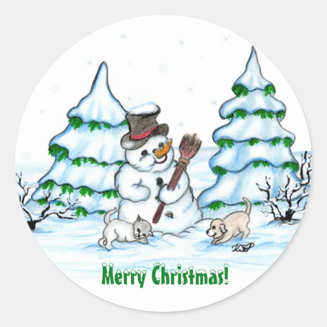 Merry Christmas! Snowman with Cat and Puppy Classic Round Sticker (Front)