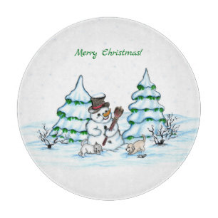 Merry Christmas! Snowman with Cat and Puppy Cutting Board
