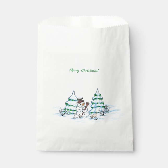 Merry Christmas! Snowman with Cat and Puppy Favour Bag (Front)