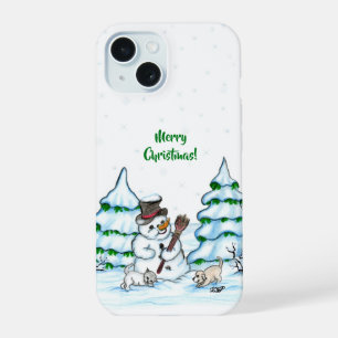 Merry Christmas! Snowman with Cat and Puppy iPhone 15 Case