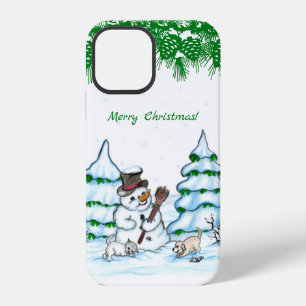 Merry Christmas! Snowman with Cat and Puppy iPhone 12 Case