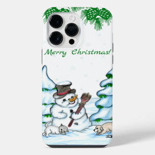 Merry Christmas! Snowman with Cat and Puppy iPhone 14 Pro Max Case